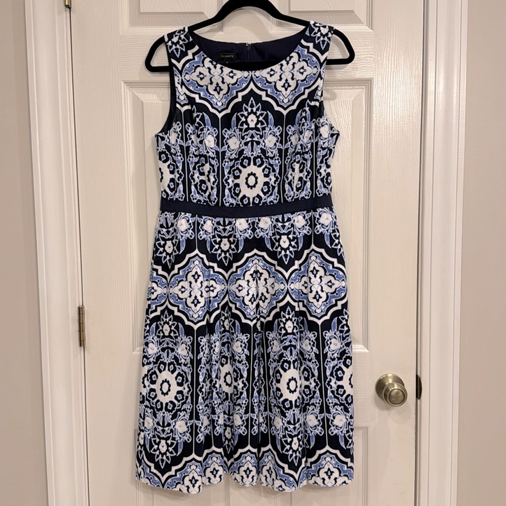 Talbots Delft Blue & White Portuguese Print Fit and Flare Dress Sz 10